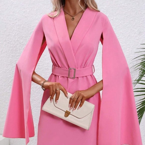 MODA ME COUTURE Dresses & Skirts - Classy Cloak Sleeve Belted Shawl Collar Dress Pink